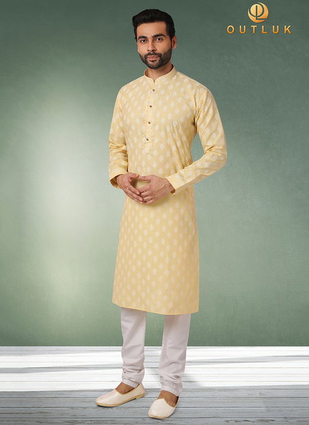 Light Yellow Colour Outluk Vol 43 New Exclusive Wear Pure Cotton With Digital Print Kurta Pajama Mens Collection 43004